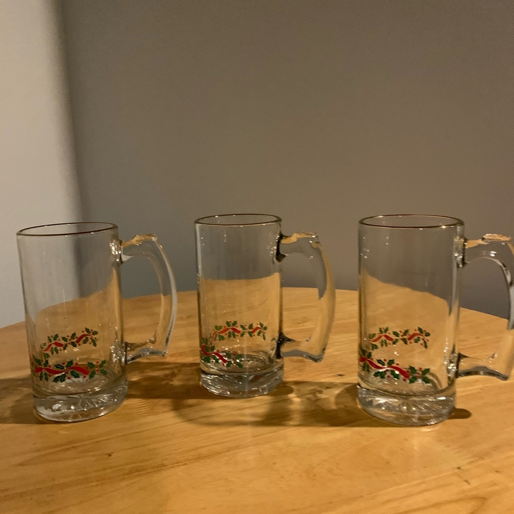 Three Libby Christmas Holly Berry Glass Coffee Mugs